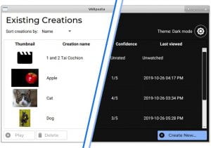 A screenshot of a software application with a list of video "creations". Half of the screen is in dark mode.