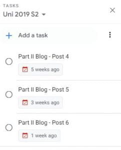 A task list with "Part II Blog" tasks listed. Each task is 5, 3, and 1 weeks overdue, respectively