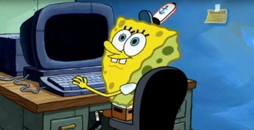 Spongebob sitting at computer, turning neck around to look at something behind him to his left